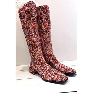 Chelsea & Violet Size 8M Paisley Floral Printed Boho Brow Pink Boots Retro NWT